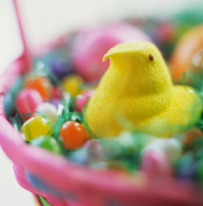 Marshmallow chick in Easter basket
