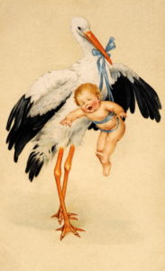 A vintage colour illustration celebrating a birth, with a new-born baby boy being held by a stork, circa 1910. (Photo by Popperfoto/Getty Images)