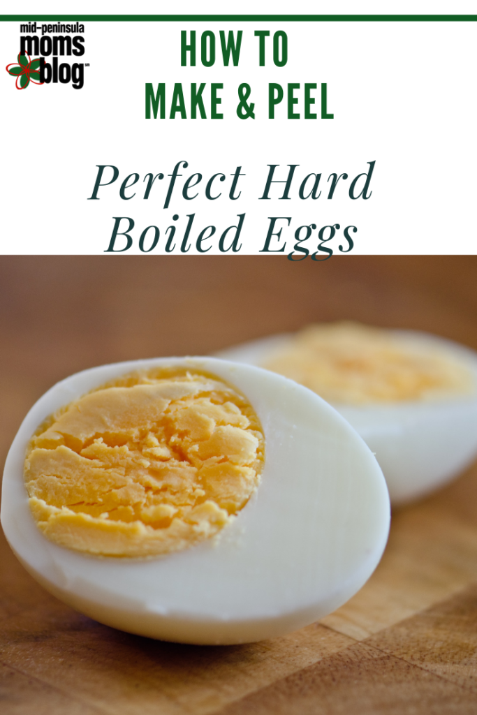 pinterest graphic close up of hard boiled egg with text How to Make and Peel Perfect Hard Boiled Eggs