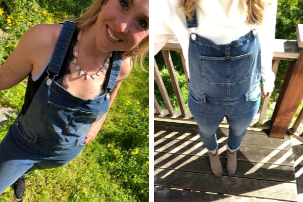 two photos of a woman wearing overalls in a different ways