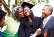 A young female in a black graduation gown and hat is being embraced by two parents in formal attire. Two children look on.
