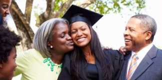 A young female in a black graduation gown and hat is being embraced by two parents in formal attire. Two children look on.