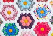 A close-up of a beautifully crafted quilt that has patches of flowers against a white background. Each flower is a different color and pattern.
