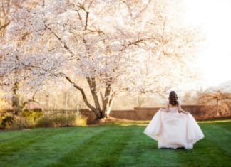 A teen girl in a pale formal dress walking across a grassy lawn toward blossoming trees in warm sunlight.
