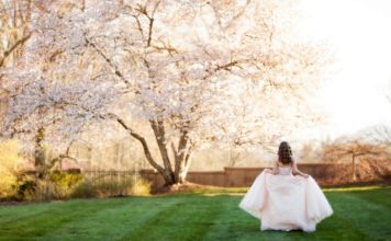 How To Make Your Daughter’s Quinceanera Extra Special A teen girl in a pale formal dress walking across a grassy lawn toward blossoming trees in warm sunlight.